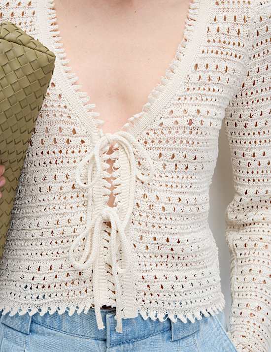 Cotton Blend Pointelle V-Neck Tie Front Cropped Cardigan