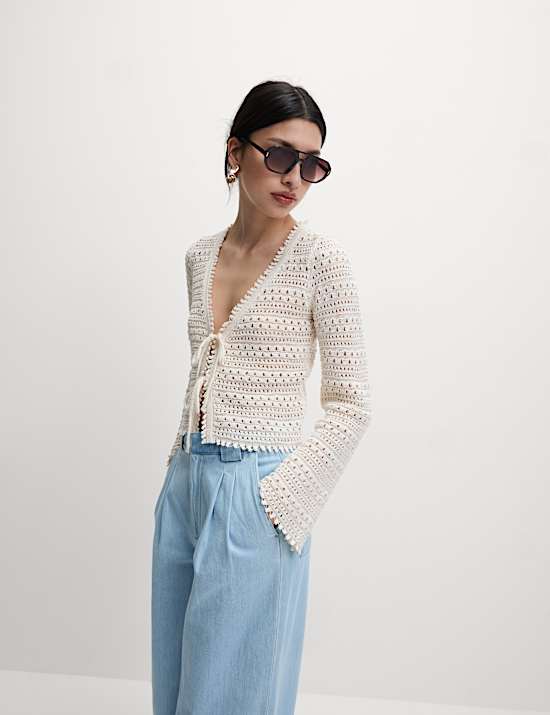 Cotton Blend Pointelle V-Neck Tie Front Cropped Cardigan