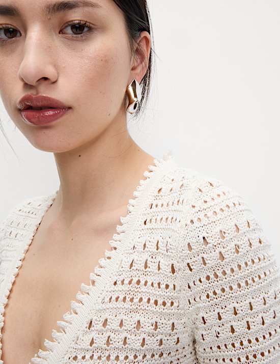 Cotton Blend Pointelle V-Neck Tie Front Cropped Cardigan