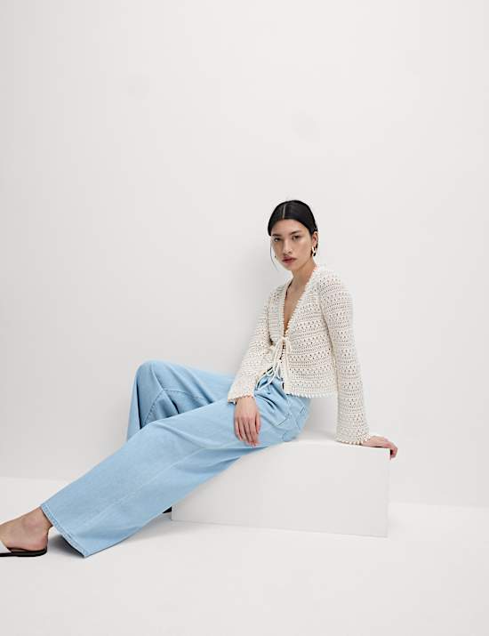 Cotton Blend Pointelle V-Neck Tie Front Cropped Cardigan