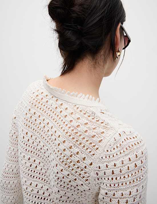 Cotton Blend Pointelle V-Neck Tie Front Cropped Cardigan