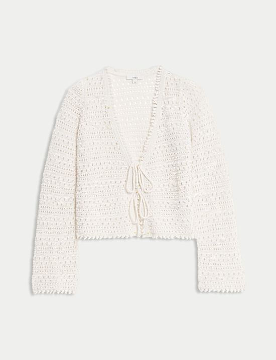 Cotton Blend Pointelle V-Neck Tie Front Cropped Cardigan