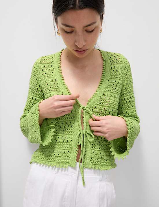 Cotton Blend Pointelle V-Neck Tie Front Cropped Cardigan