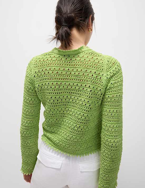 Cotton Blend Pointelle V-Neck Tie Front Cropped Cardigan