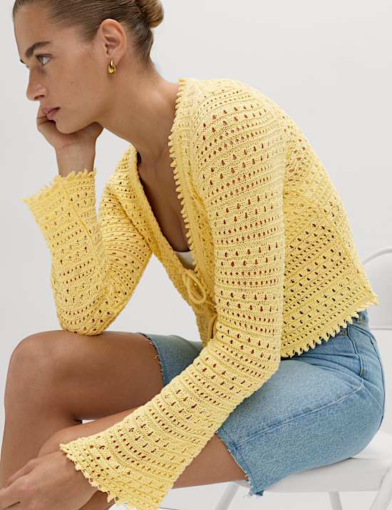 Cotton Blend Pointelle V-Neck Tie Front Cropped Cardigan