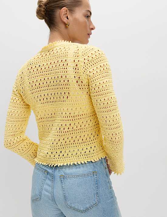 Cotton Blend Pointelle V-Neck Tie Front Cropped Cardigan