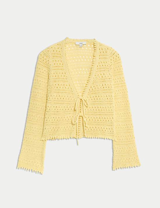 Cotton Blend Pointelle V-Neck Tie Front Cropped Cardigan