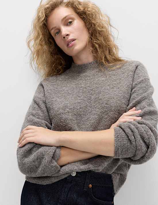 Wool Blend Textured Funnel Neck Jumper