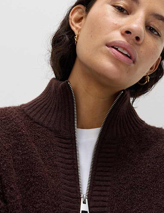 Boucle Funnel Neck Bomber Cardigan with Wool