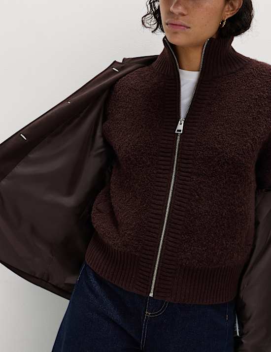Boucle Funnel Neck Bomber Cardigan with Wool