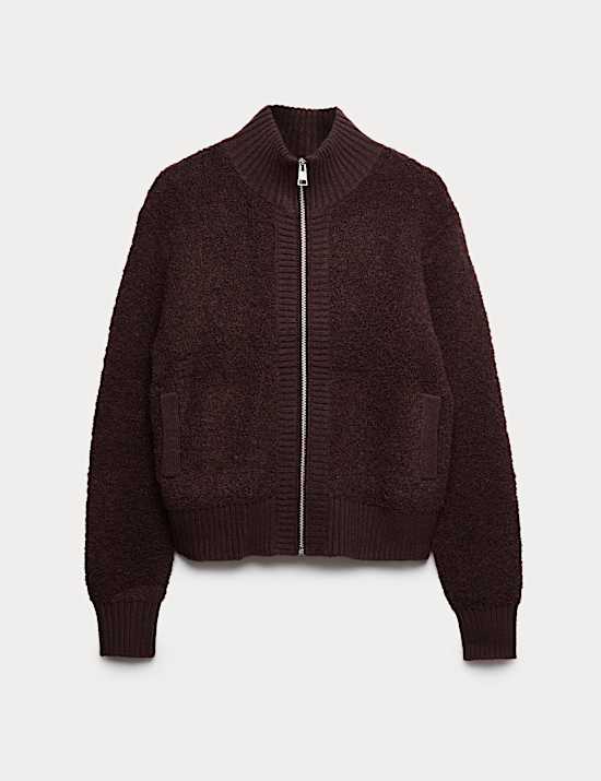 Boucle Funnel Neck Bomber Cardigan with Wool