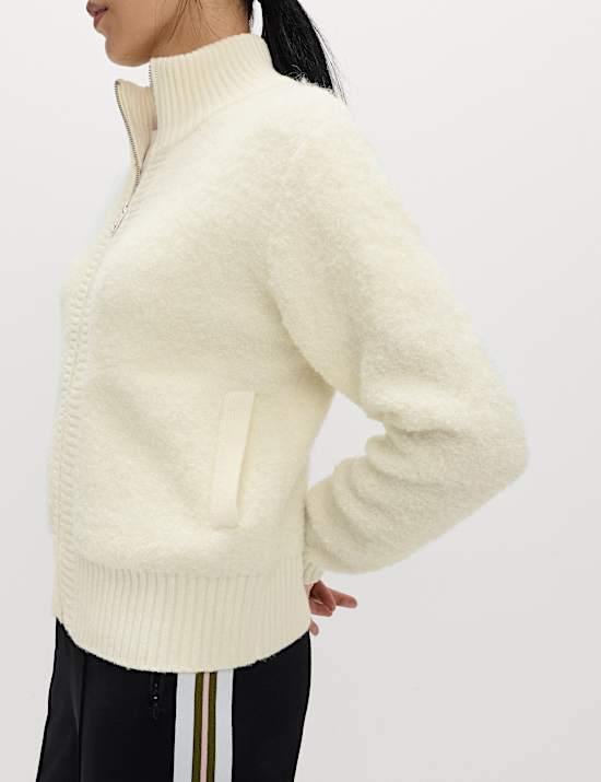 Boucle Funnel Neck Bomber Cardigan with Wool