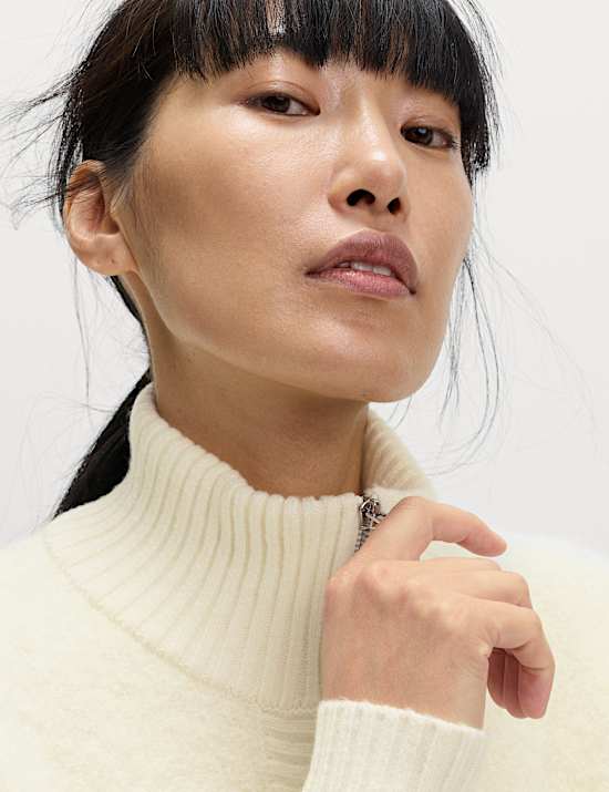 Boucle Funnel Neck Bomber Cardigan with Wool