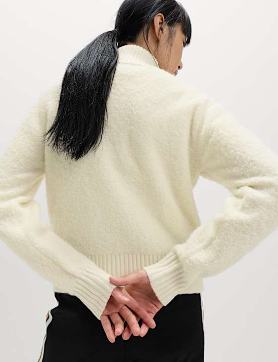 Boucle Funnel Neck Bomber Cardigan with Wool