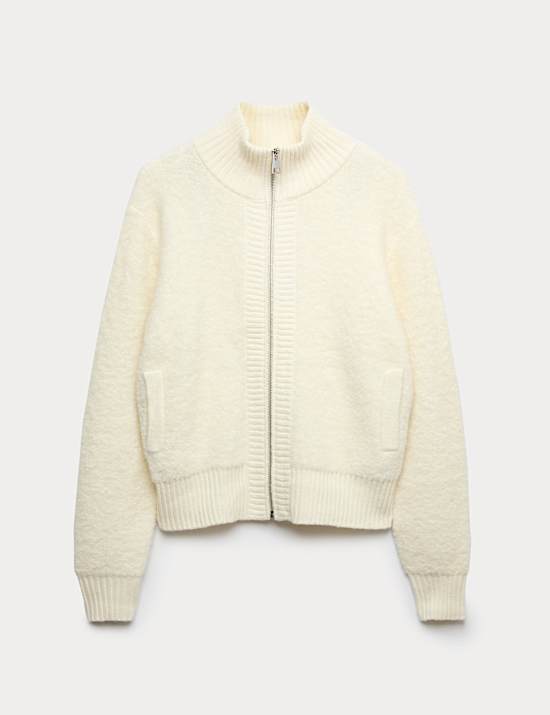 Boucle Funnel Neck Bomber Cardigan with Wool