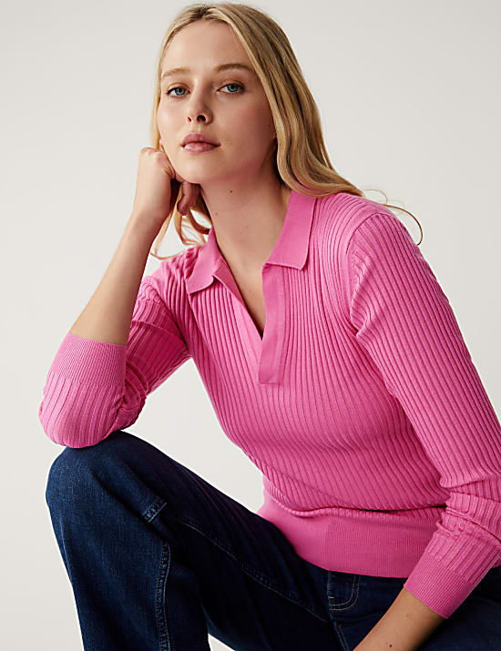 Ribbed Collared V-Neck Jumper