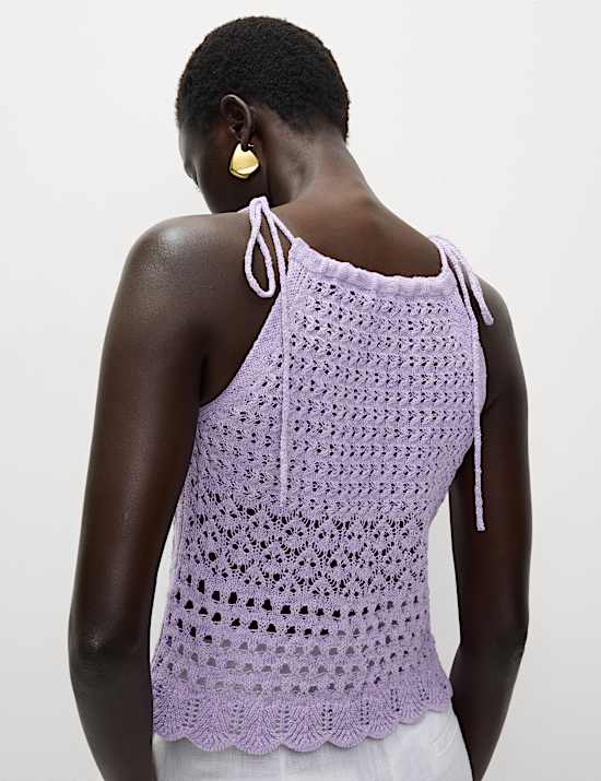 Cotton Blend Pointelle Square Neck Slim Knitted Vest