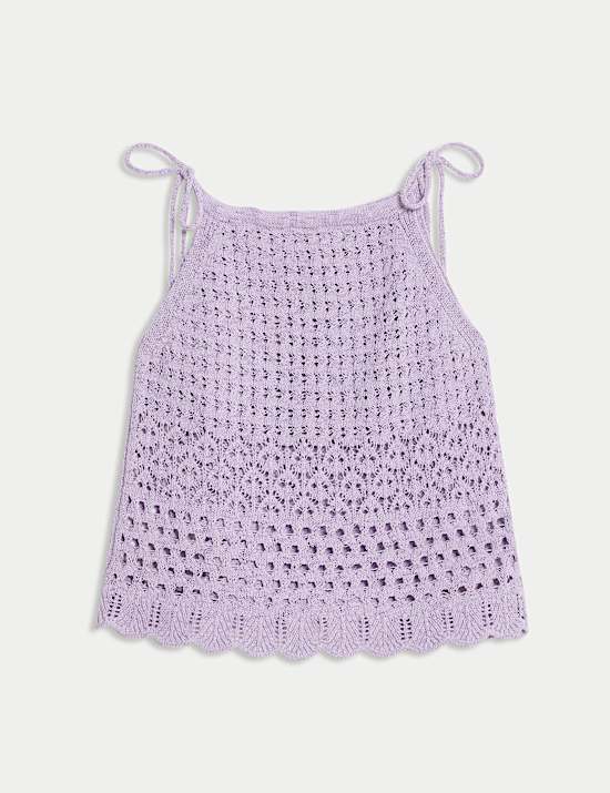 Cotton Blend Pointelle Square Neck Slim Knitted Vest