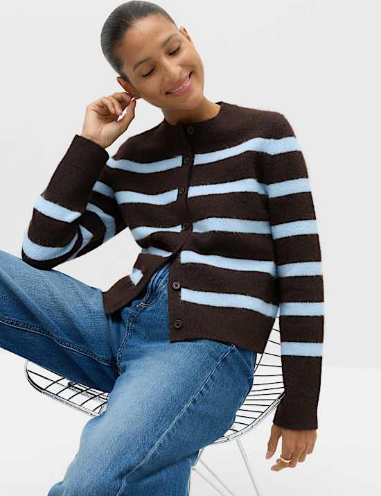 Striped Crew Neck Button Front  Cardigan with Wool