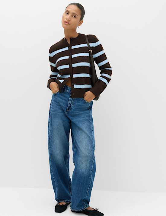 Striped Crew Neck Button Front  Cardigan with Wool