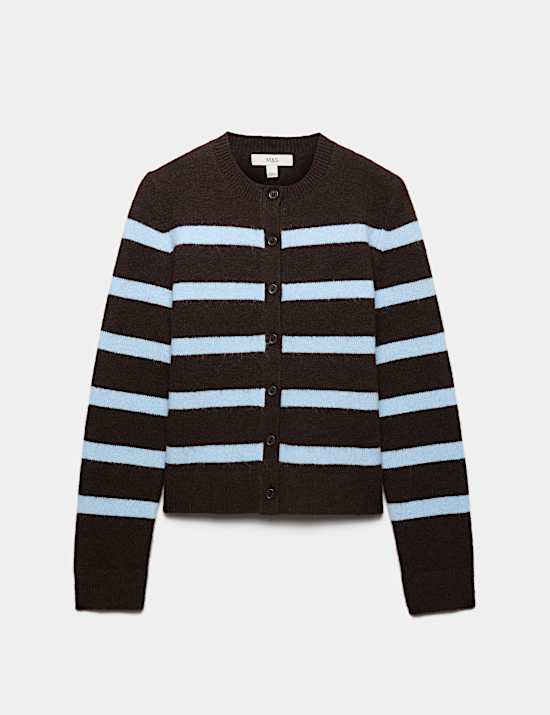 Striped Crew Neck Button Front  Cardigan with Wool