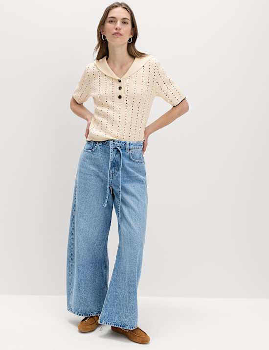 Cotton Rich Pointelle Collared Knitted Top