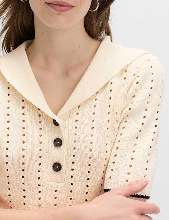 Cotton Rich Pointelle Collared Knitted Top