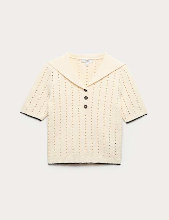 Cotton Rich Pointelle Collared Knitted Top