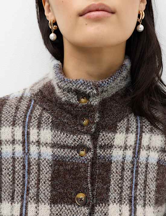Checked Funnel Neck Relaxed Fit Knitted Jacket