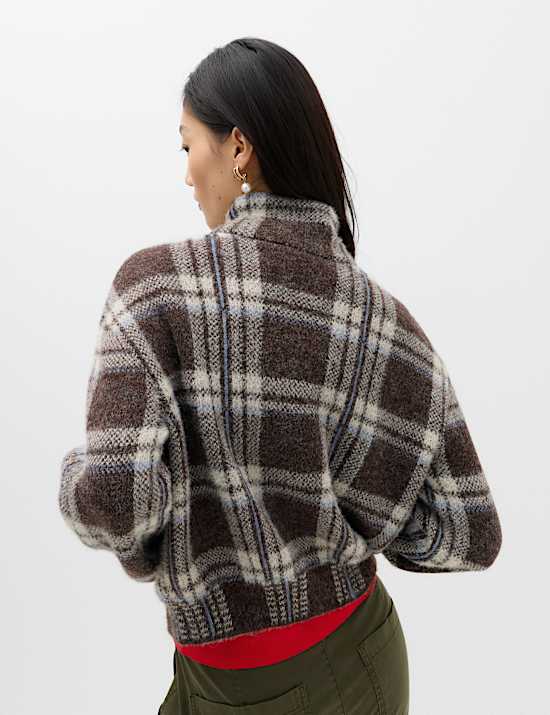 Checked Funnel Neck Relaxed Fit Knitted Jacket