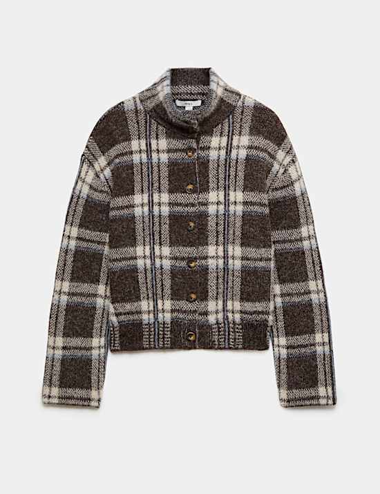 Checked Funnel Neck Relaxed Fit Knitted Jacket