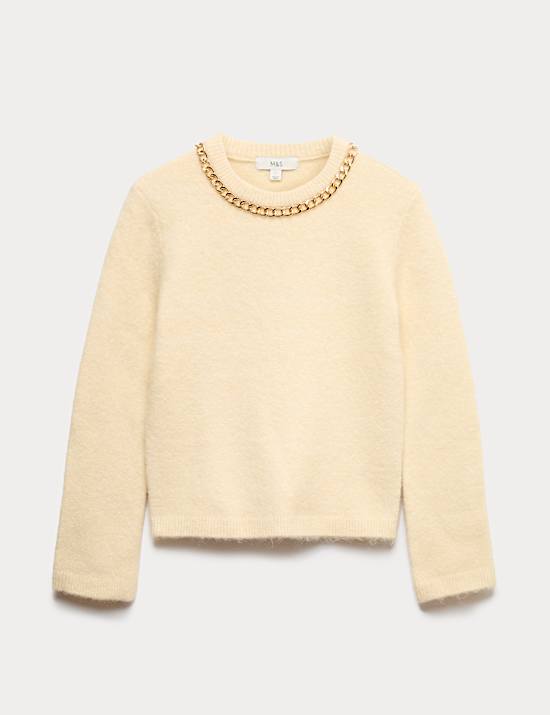 Chain Detail Crew Neck Jumper with Wool