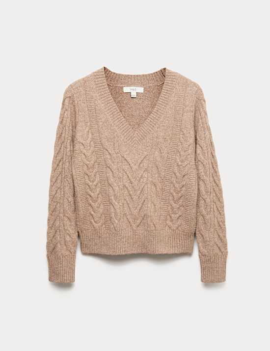Textured Cable Knit V-Neck Jumper with Wool
