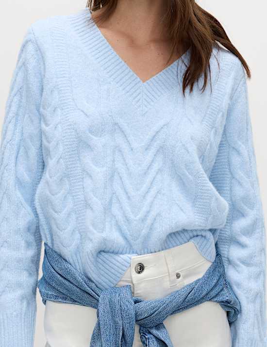 Textured Cable Knit V-Neck Jumper with Wool