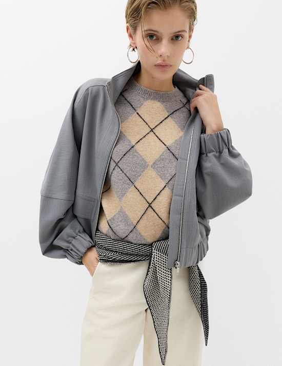 Argyle Crew Neck Slim Fit Knitted Top With Wool