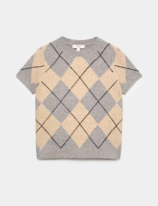 Argyle Crew Neck Slim Fit Knitted Top With Wool