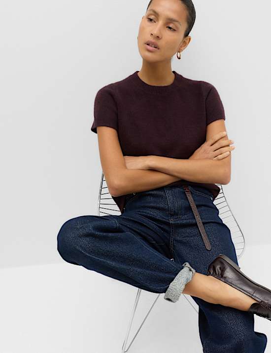 Crew Neck Short Knitted Top With Wool