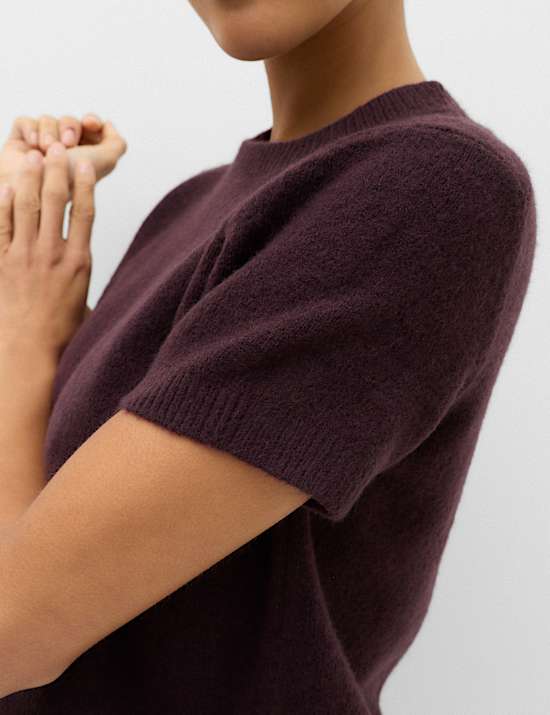 Crew Neck Short Knitted Top With Wool