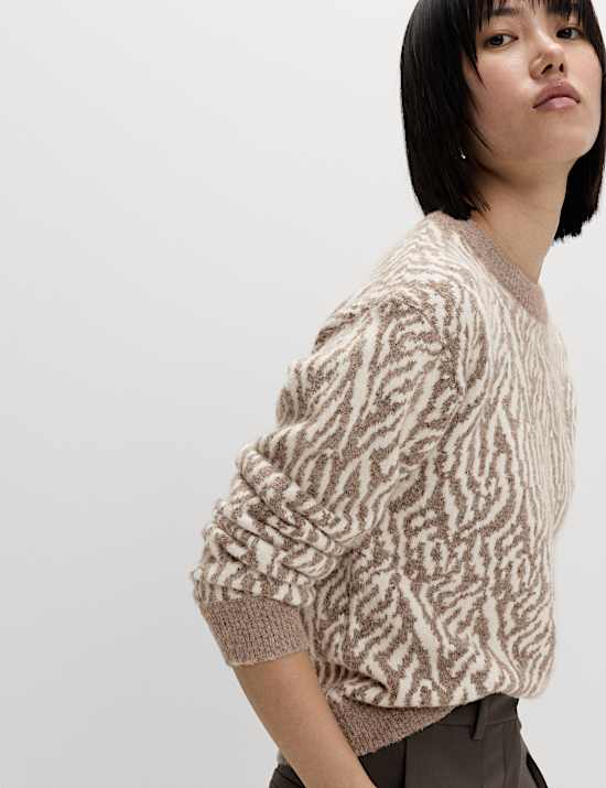 Animal Print Crew Neck Jumper with Wool