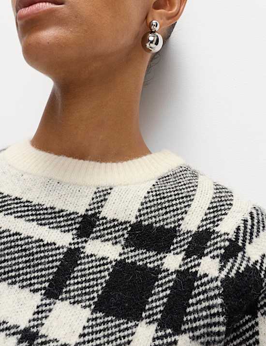 Checked Crew Neck Relaxed Fit Jumper With Wool