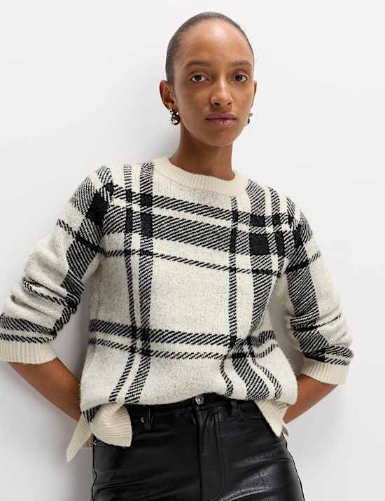 Checked Crew Neck Relaxed Fit Jumper With Wool