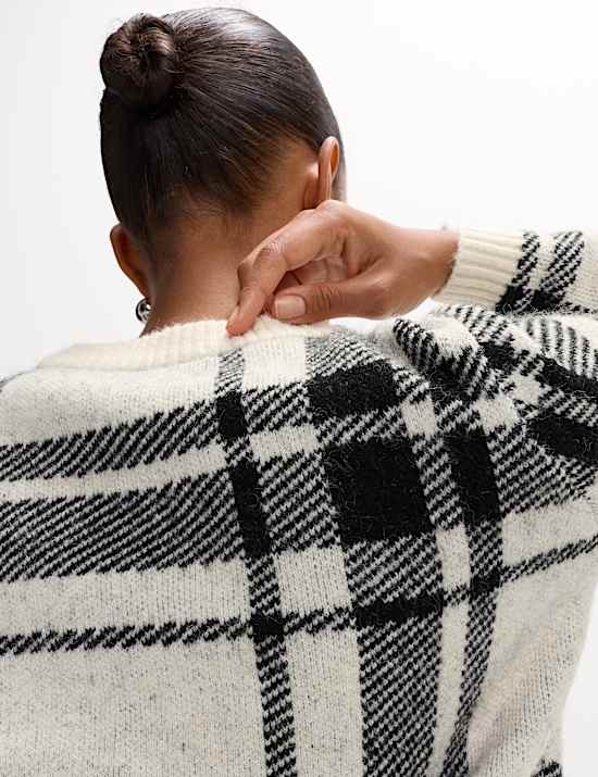 Checked Crew Neck Relaxed Fit Jumper With Wool