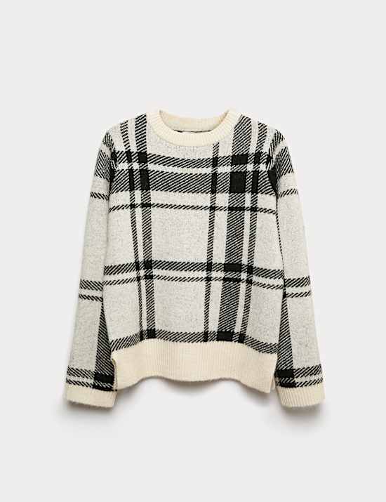 Checked Crew Neck Relaxed Fit Jumper With Wool