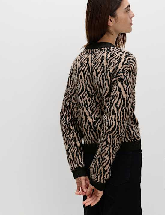 Animal Print Button Front Cardigan With Wool