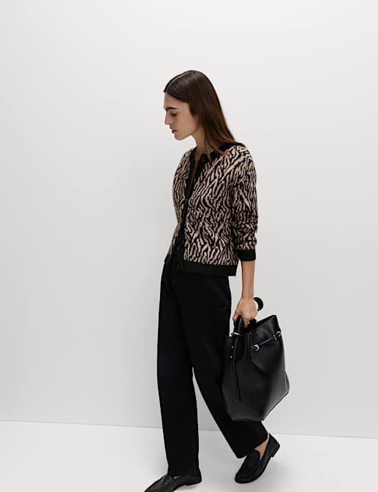 Animal Print Button Front Cardigan With Wool