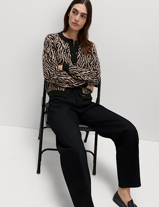 Animal Print Button Front Cardigan With Wool