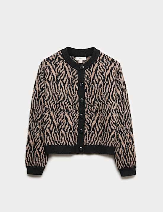 Animal Print Button Front Cardigan With Wool