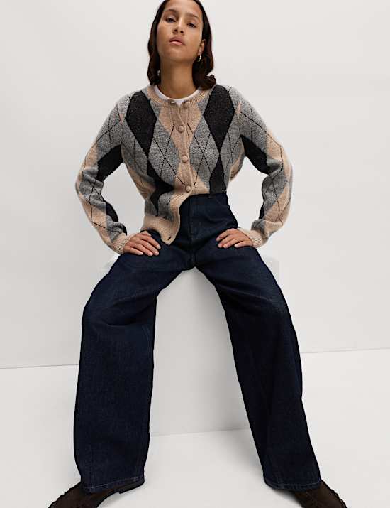 Argyle Crew Neck Cardigan With Wool