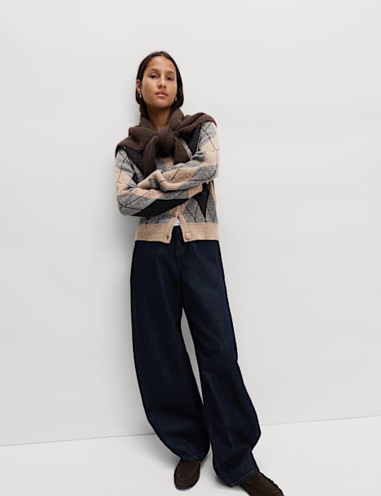 Argyle Crew Neck Cardigan With Wool