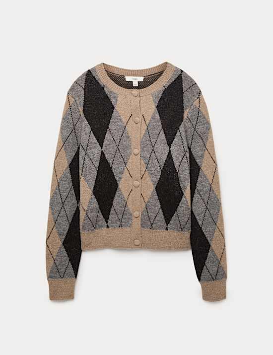 Argyle Crew Neck Cardigan With Wool